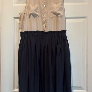 Anthropologie Beige and Navy Midi Dress with pockets VG pre-owned size 14